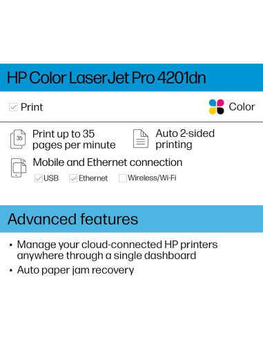 Impresora láser color HP Pro 4201dn, 16.3 kg, Doble cara