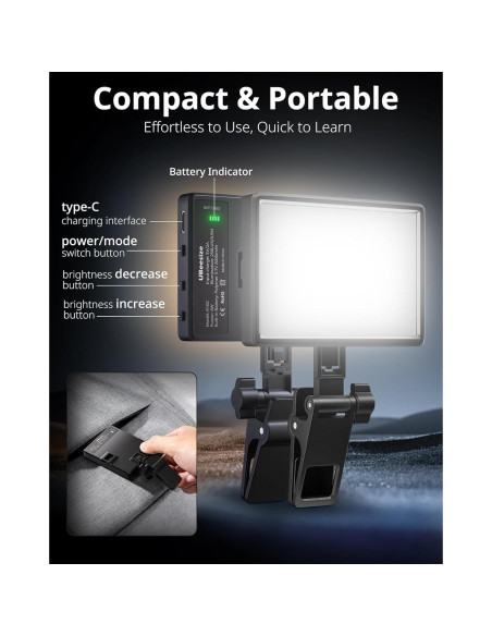 Luz LED Recargable UBeesize para Selfies - 3 Modos, 10 Niveles de Brillo Luz LED Recargable UBeesize para Selfies - 3 Modos, 10 Niveles de Brillo