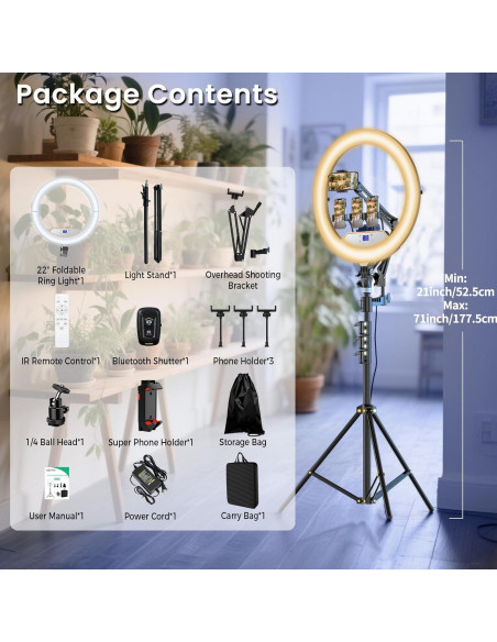 Luz de Anillo LED 22" MACTREM con Trípode 75" y Soporte