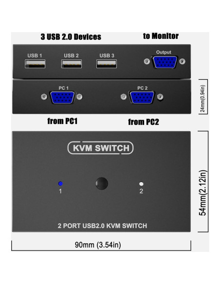 Conmutador KVM VGA 2 Puertos DiamondTiger con 2 Cables