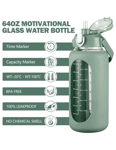 Botella de Agua de Vidrio Kytffu 2L con Pajilla y Funda Silicona