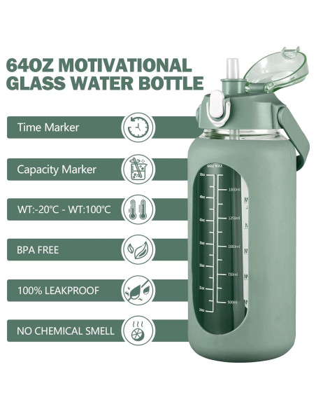 Botella de Agua de Vidrio Kytffu 2L con Pajilla y Funda Silicona