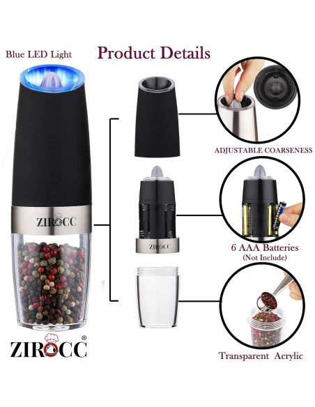 Molinillo Eléctrico de Sal y Pimienta ZIROCC - Automático, Negro