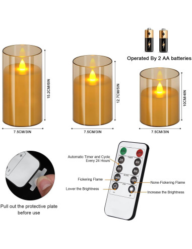 Juego de 3 Velas Sin Llama Wemarry 10cm 13cm 15cm con Control Remoto