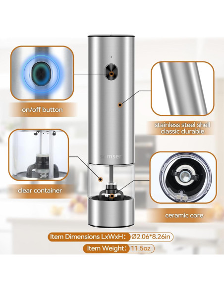 Molino de Pimienta Eléctrico Samsen - Acero Inoxidable 70ml