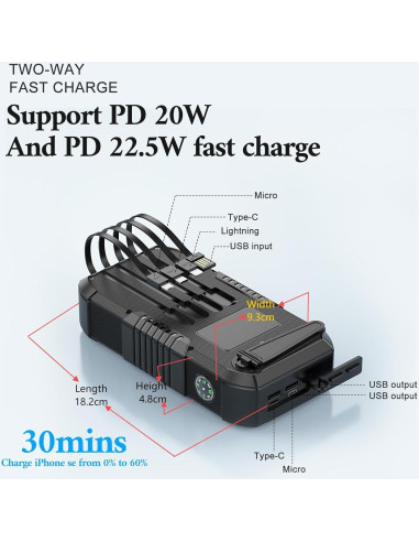 Banco de Energía Solar KIGOKER 66800mAh con Manivela y 4 Puertos