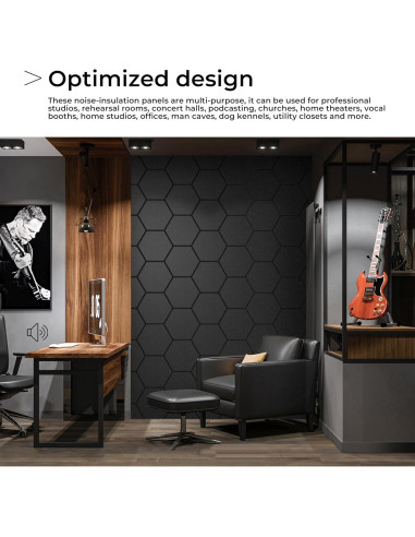 Paquete de 18 Paneles Acústicos Hexagonales Autoadhesivos 30.5x25.4cm
