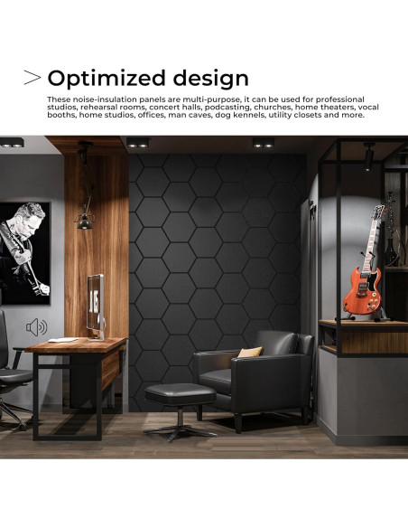 Paquete de 18 Paneles Acústicos Hexagonales Autoadhesivos 30.5x25.4cm