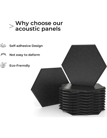 Paquete de 18 Paneles Acústicos Hexagonales Autoadhesivos 30.5x25.4cm