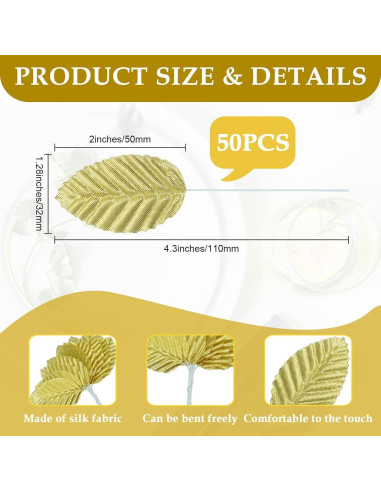 50 Hojas de Seda Artificial MARRTEUM Doradas para Decoración