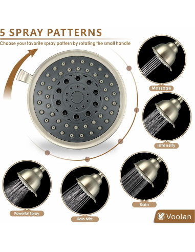 Cabezal de Ducha Voolan 4" Alta Presión 5 Configuraciones Níquel