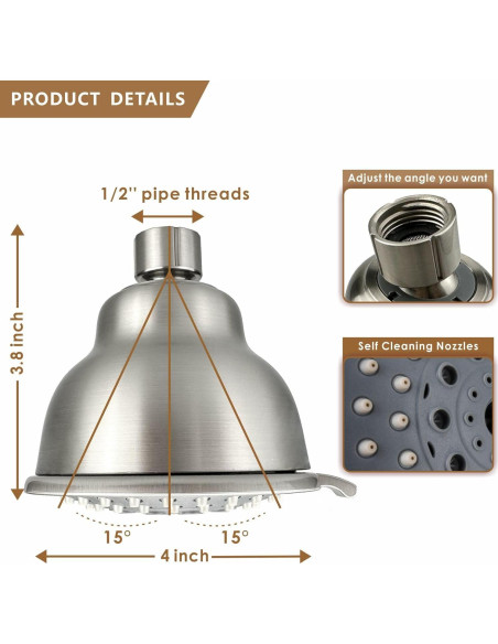 Cabezal de Ducha Voolan 4" Alta Presión 5 Configuraciones Níquel