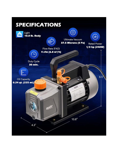 Kit de Bomba de Vacío Orion Motor Tech 1/3 hp 4.0 CFM con Manómetro