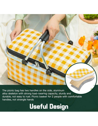 Cesta de Picnic Plegable DZHPSRSZ 18.5L Aislada para 2 Personas