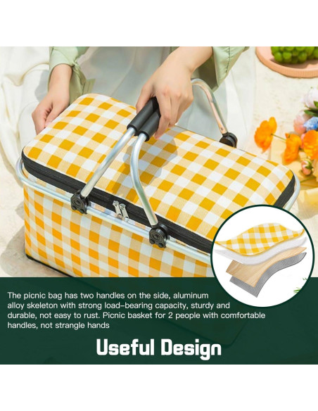 Cesta de Picnic Plegable DZHPSRSZ 18.5L Aislada para 2 Personas