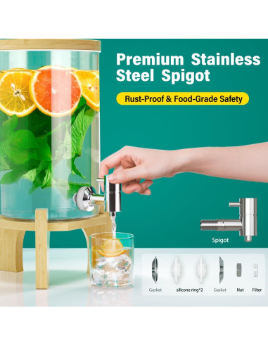 Dispensador de Bebidas de Vidrio VOVUVK 4.54L con Soporte de Bambú