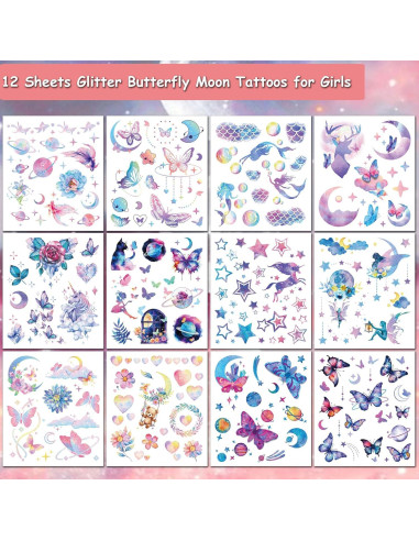 Tatuajes Temporales Brillantes Hohamn - 12 Hojas Mariposa Luna