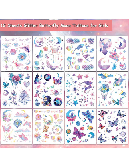Tatuajes Temporales Brillantes Hohamn - 12 Hojas Mariposa Luna