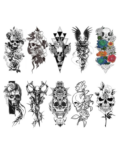 10 Hojas Tatuajes Temporales Calaveras y Flores Briyhose