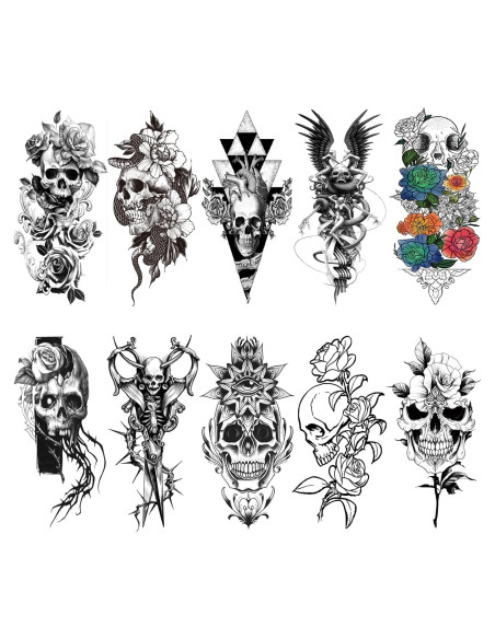 10 Hojas Tatuajes Temporales Calaveras y Flores Briyhose