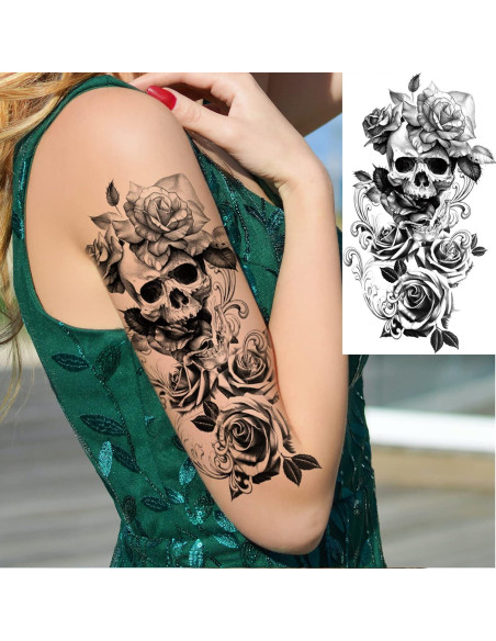 10 Hojas Tatuajes Temporales Calaveras y Flores Briyhose