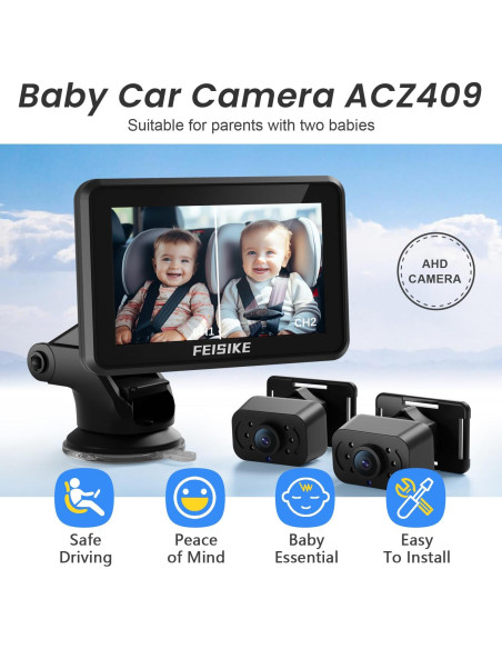 Cámara de Coche para Bebé FEISIKE 5" Doble Canal 1080P IR