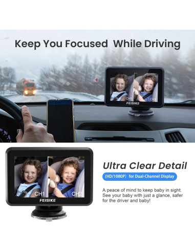 Cámara de Coche para Bebé FEISIKE 5" Doble Canal 1080P IR