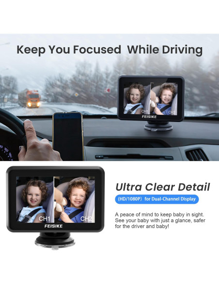 Cámara de Coche para Bebé FEISIKE 5" Doble Canal 1080P IR