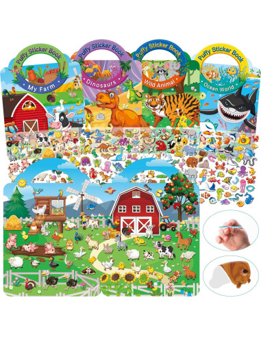 Paquete de 4 Libros de Calcomanías 3D Reutilizables Elfew