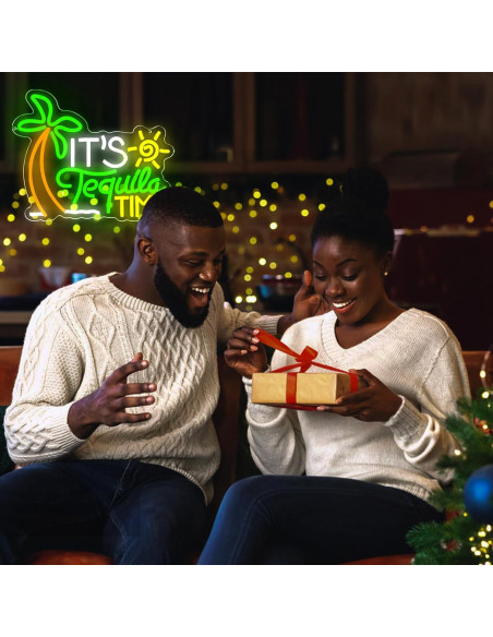 Letrero de Neón 'Es Hora de Tequila' LED Verde y Dorado 30x35 cm