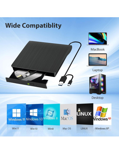 Unidad de CD/DVD Externa Yaeonku USB 3.0 Tipo C 305g