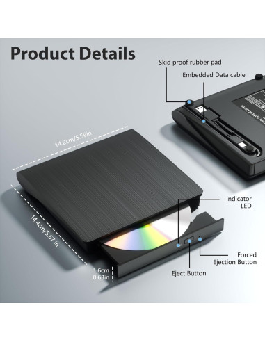 Unidad de CD/DVD Externa Yaeonku USB 3.0 Tipo C 305g