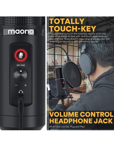 Micrófono USB MAONO PM422 con Auriculares MH601 para Podcast