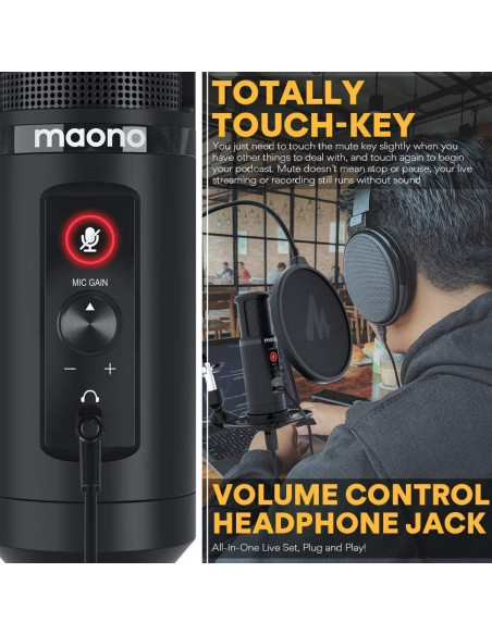 Micrófono USB MAONO PM422 con Auriculares MH601 para Podcast