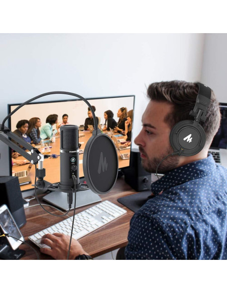 Micrófono USB MAONO PM422 con Auriculares MH601 para Podcast