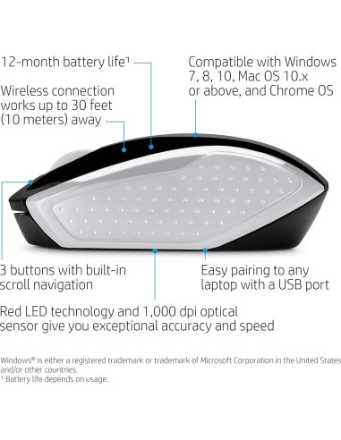 Mouse Inalámbrico HP 200 Negro Plata 1000 dpi