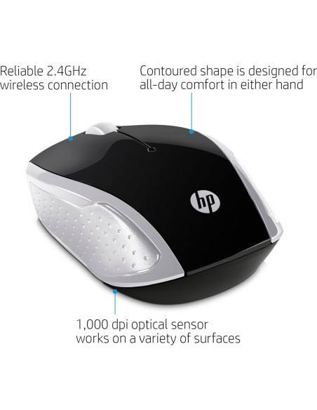 Mouse Inalámbrico HP 200 Negro Plata 1000 dpi Mouse Inalámbrico HP 200 Negro Plata 1000 dpi