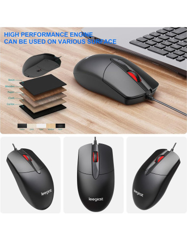 Ratón Óptico Ergonómico con Cable Leegicst M102 USB Negro