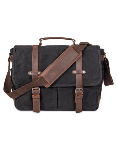 Maletín Vintage de Cuero y Lona 15.6" Negro - Bandolera