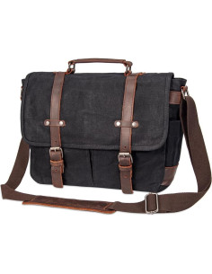 Maletín Vintage de Cuero y Lona 15.6" Negro - Bandolera 2