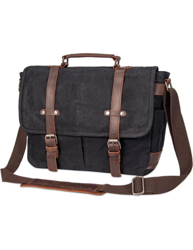 Maletín Vintage de Cuero y Lona 15.6" Negro - Bandolera