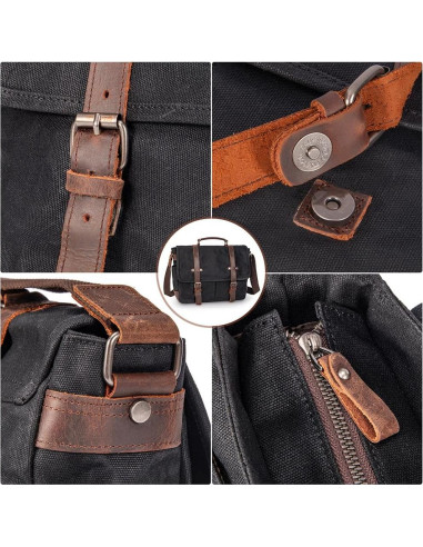 Maletín Vintage de Cuero y Lona 15.6" Negro - Bandolera