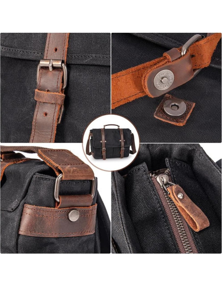 Maletín Vintage de Cuero y Lona 15.6" Negro - Bandolera