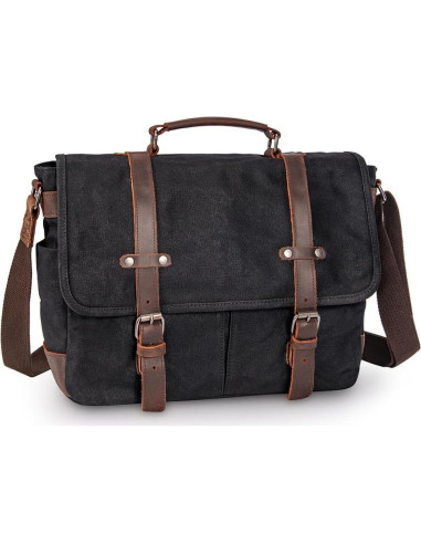 Maletín Vintage de Cuero y Lona 15.6" Negro - Bandolera