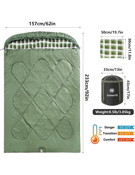 Saco de dormir doble ShinHye XXL con 2 almohadas para camping