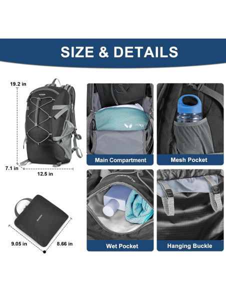 Mochila de Senderismo Plegable Sukeen 30L Impermeable Negra