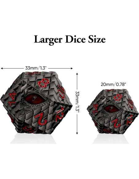 Dados de Metal D20 Ojo de Dragón MHJ 33mm Gris con Ojo Rojo