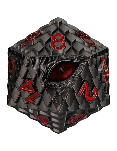 Dados de Metal D20 Ojo de Dragón MHJ 33mm Gris con Ojo Rojo