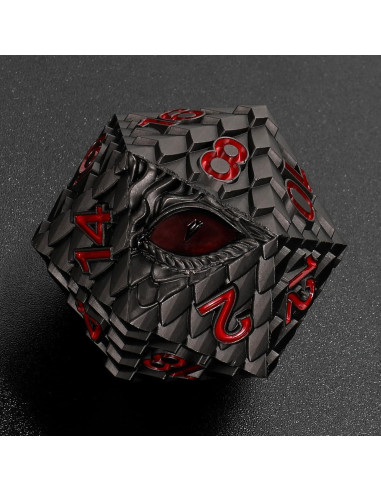 Dados de Metal D20 Ojo de Dragón MHJ 33mm Gris con Ojo Rojo