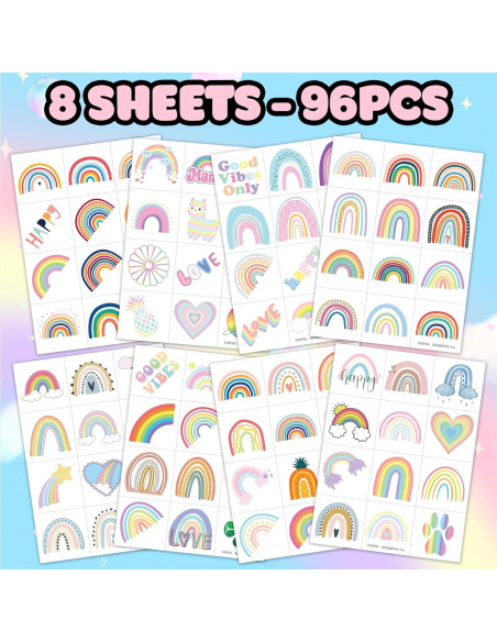 Tatuajes Temporales Arcoíris Pastel 96 Piezas MeoIsDaBest